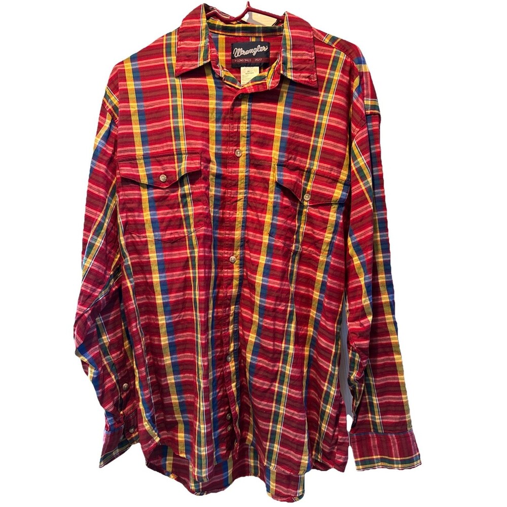 Wrangler X - Long Tails Button Down Shirt Size 35/17 Red Plaid Western Cowboy XL